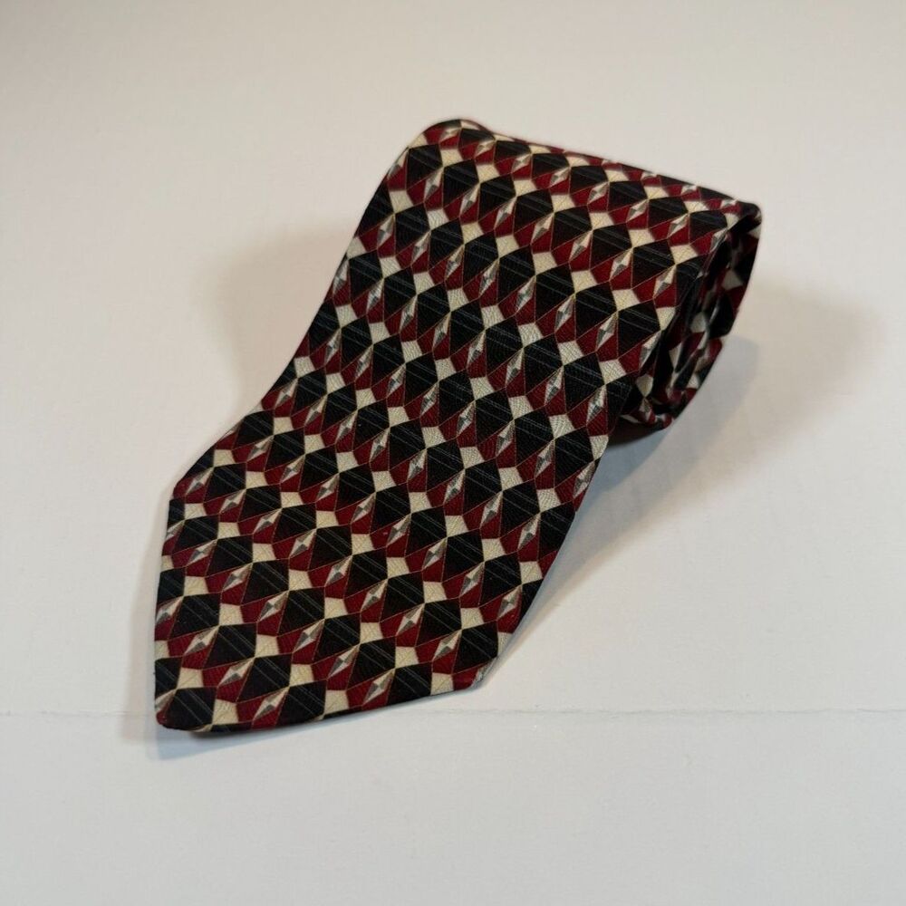 Vintage Gianfranco Ruffini Italy Silk Tie 4" Geometric Burgundy Black 90s